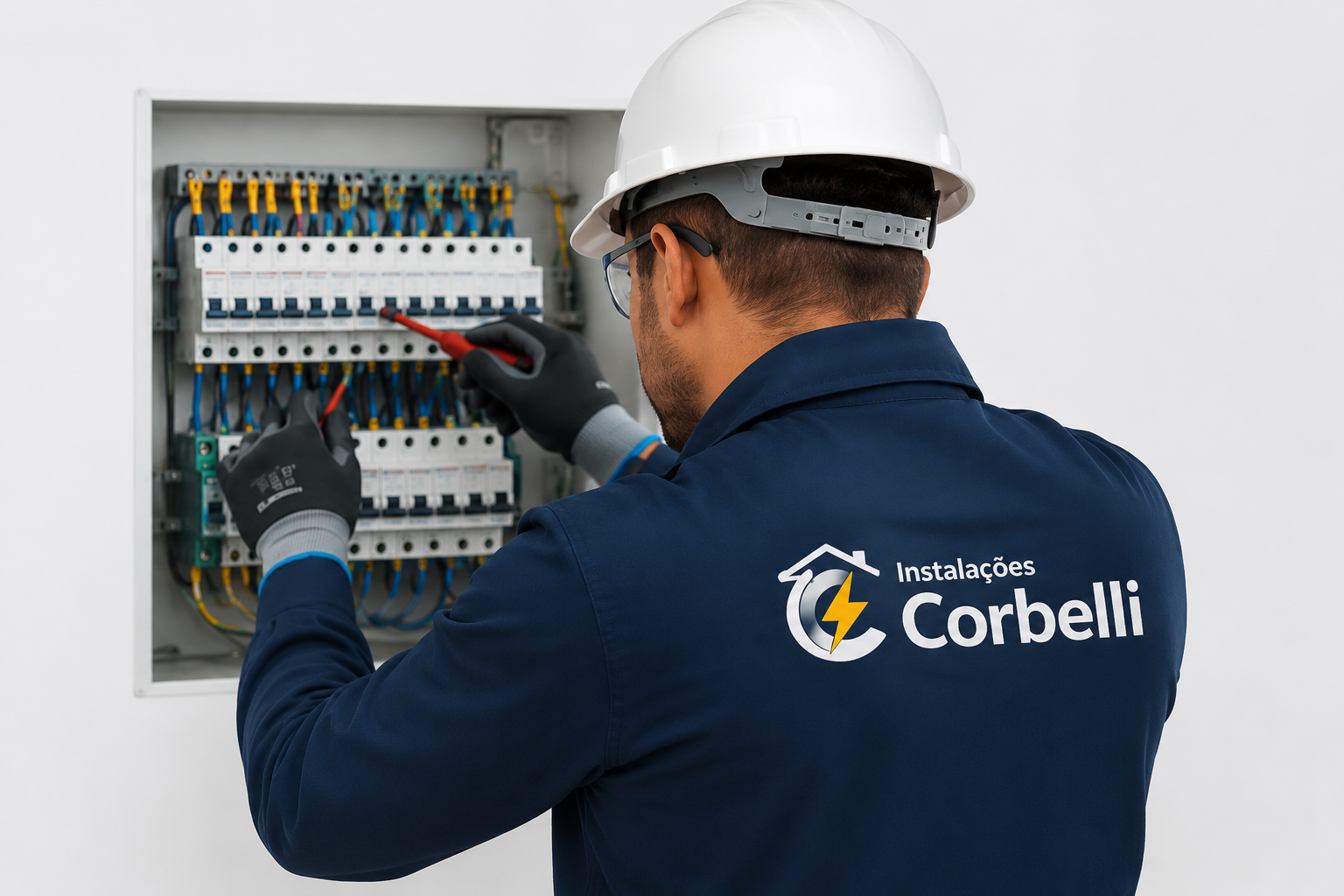 Eletricista trabalhando em quadro de distribuição